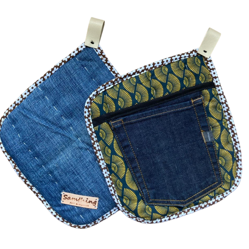 Pannenlap Denim Patchwork D set van 2 